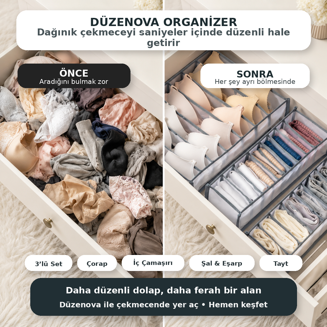 Düzenova 3’lü Düzen Kutusu | Daha Düzenli Dolaplar İçin Pratik Organizer